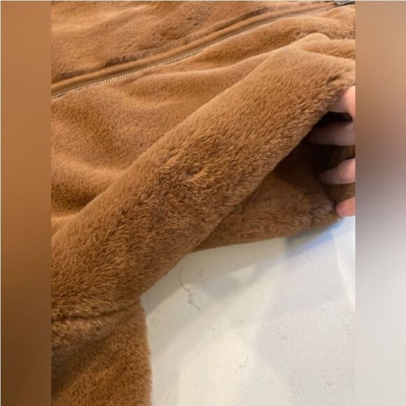 Free People Camel Brown Faux Fur Teddy Zipper Hoodie Gorpcore Oversized Coat XSm - Picture 7 of 11